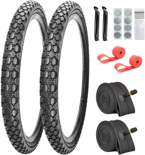 Paquete de 2 neumáticos de bicicleta Cruiser de 24 x 2.125 pulgadas, neumáticos de pared negra con 2 tubos interiores, 2 palancas, 2 tiras de