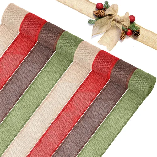 Miniatura 9 de WILLBOND 8 rollos de 44 yardas de cintas navideñas con borde de alambre, rollos de arpillera con alambre de tela navideña, cinta de tejido