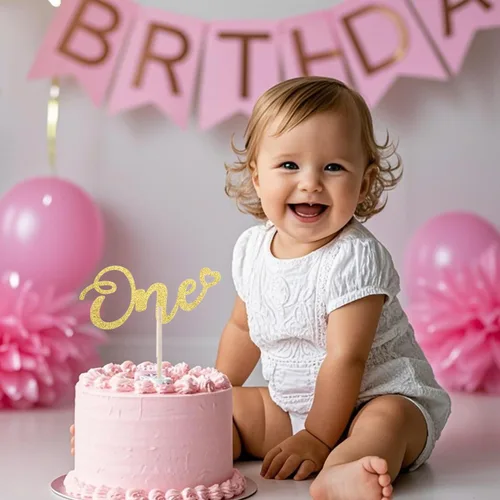 Miniatura 2 de ALISSAR Decoración dorada de doble cara con purpurina para el primer cumpleaños, decoración de pastel para primer cumpleaños de niño y niña, primer