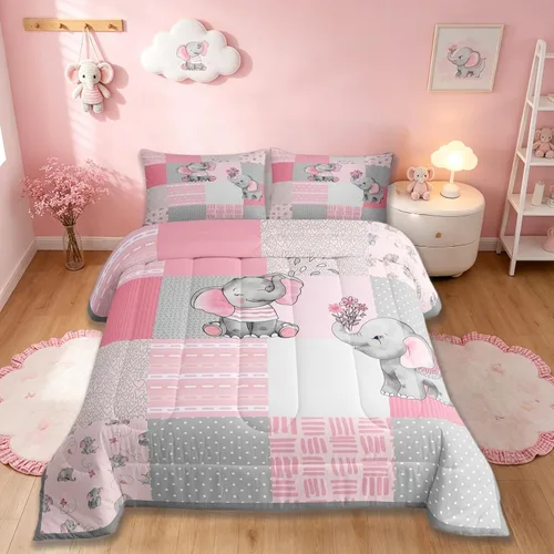 Miniatura 10 de Lindo juego de edredón de elefante, tamaño individual, juego de ropa de cama de dibujos animados Kawaii con flores de animales para niños y hombres