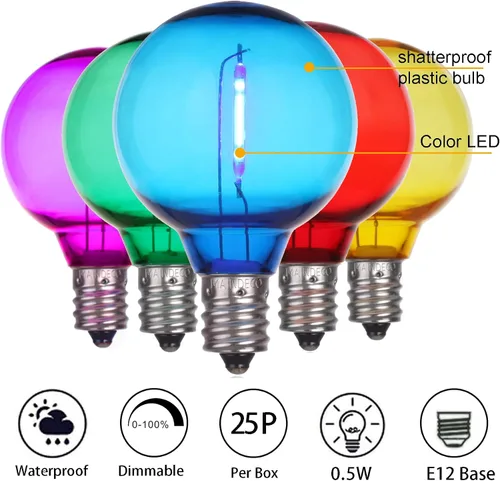 Miniatura 2 de Paquete de 25 bombillas LED G40 de repuesto, 120 V 0.5 W, base E12, para tira de luces al aire libre, multicolor