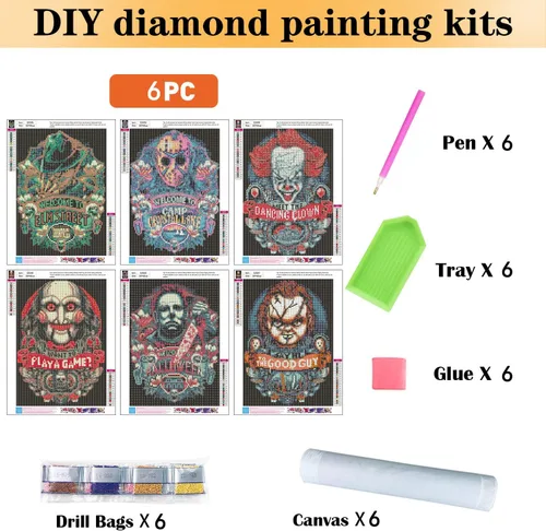Miniatura 2 de Paquete de 6 pinturas de diamantes de Halloween para adultos, kits de arte de diamantes de terror 5D para adultos, puntos de diamante de perforación