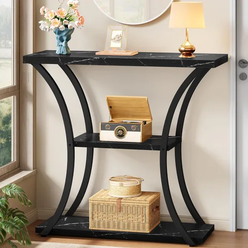 Miniatura 13 de Hoctieon - Mesa de recibidor de 3 niveles con estantes de madera abiertos, mesa decorativa para entrada con marcos curvos de metal, mesa de sofá