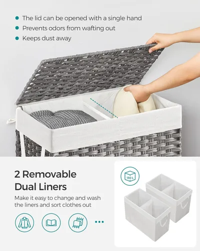 Miniatura 3 de SONGMICS Cesta de ropa de 130L con tapa, 2 bolsas extraíbles con forro, 6 bolsas de malla, mimbre, canasta doble para ropa sucia para baño, 13 x 26