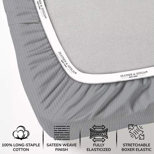 Miniatura 3 de FEATHER & STITCH New York - Juego de sábanas de 500 hilos, Algodón, gris, Completo Rayas grises
