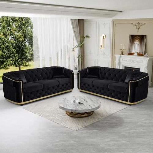 Miniatura 20 de DAMAIFROM Juego de sofá de terciopelo de lujo beige y dorado, moderno de mediados de siglo, sofás Chesterfield copetudos y patas doradas, juego de 2