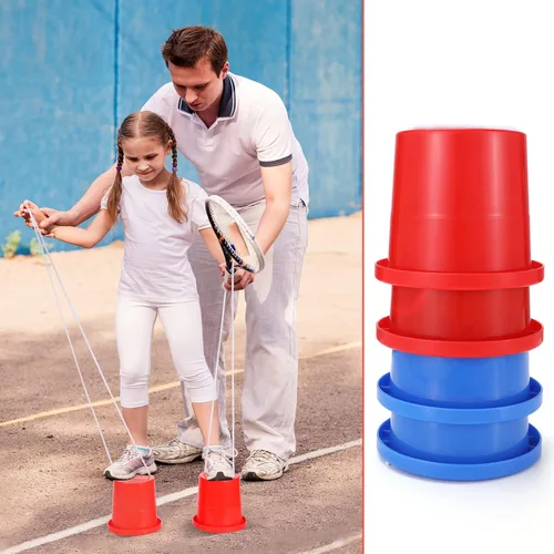 Miniatura 4 de Meooeck 2 pares de zancos para caminar, cubo de equilibrio, zancos de plástico grueso con cuerda ajustable para coordinación de equilibrio de niños