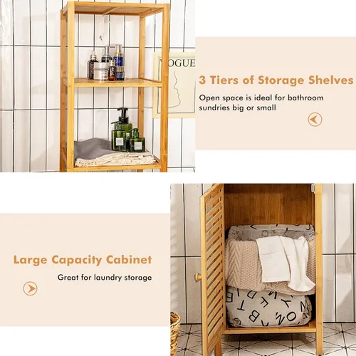 Miniatura 6 de LOKO Gabinete alto de bambú, gabinete de almacenamiento estrecho para baño con estantes de 3 niveles y puerta de obturador, gabinete de torre