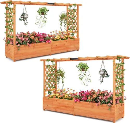 Miniatura 16 de Giantex Cama de jardín elevada con enrejado y techo colgante, jardinera de madera con parte inferior y agujeros de drenaje, maceta de jardín
