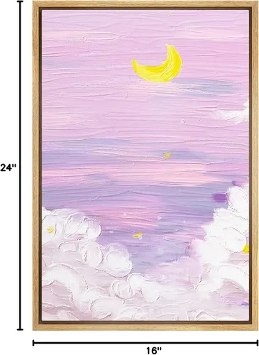Miniatura 6 de SIGNFORD Lienzo enmarcado para pared, acuarela pastel, morado, luna, cielo, naturaleza, ilustraciones de área silvestre, arte moderno, vibrante