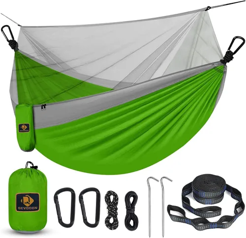 Miniatura 15 de Hamaca de camping con red, hamaca doble portátil ligera con correas para árbol y mosquetones sólidos en forma de D, hamaca de nailon de paracaídas