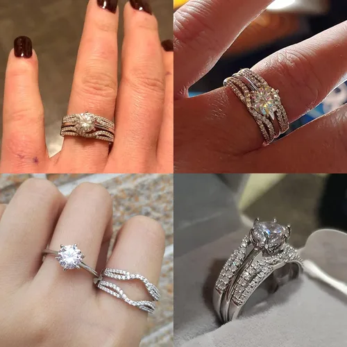 Miniatura 2 de Wuziwen Anillos de boda para mujer juego de anillos de compromiso redondos con circonita cúbica y solitario plata de ley talla 4-13 Piedra Zirconia