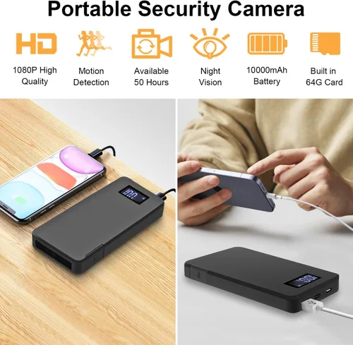 Miniatura 2 de Grabadora de video con banco de energía 1080P, cámara portátil con detección de movimiento y visión nocturna, grabación en bucle, pequeña cámara