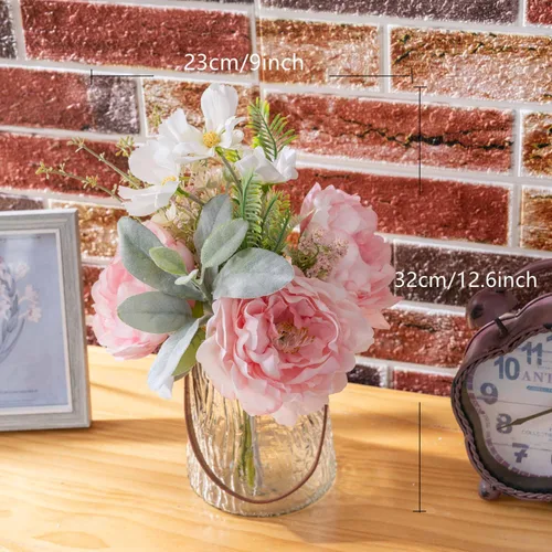 Miniatura 3 de KIRIFLY Flores artificiales falsas en jarrón, centros de mesa de seda de peonía sintética para decoración de mesa de boda (rosa en vidrio)