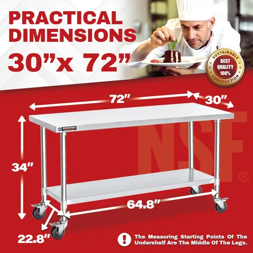 Miniatura 2 de DuraSteel Carrito de acero inoxidable NSF de 30 x 72 pulgadas, mesa de preparación de alimentos resistente con estante inferior, isla de cocina