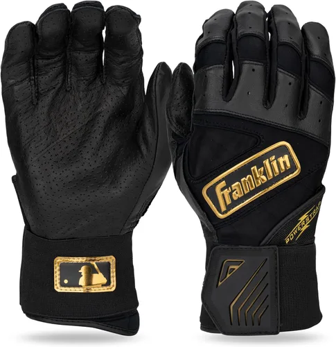 Franklin Sports MLB - Guantes de bateo Infinite Powerstrap para béisbol + sóftbol de puño largo, para adultos y jóvenes Negro/Dorado