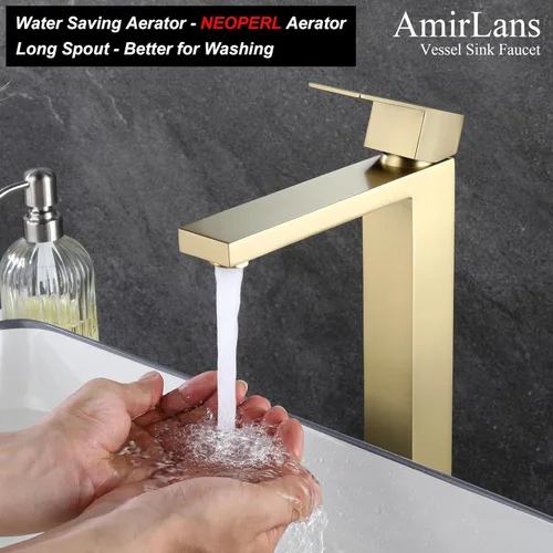 Miniatura 4 de llave de fregadero dorado cepillado, grifo de baño dorado de un solo agujero, grifo de fregadero de una sola manija alto con desagüe desplegable
