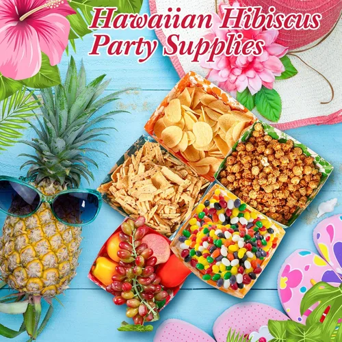 Miniatura 7 de Nitial 24 bandejas de papel de hibisco para fiestas, desechables, barcos de comida para fiestas, decoraciones temáticas hawaianas de 5 libras