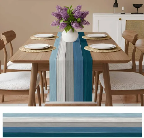 Miniatura 2 de Ocean Hues Farmhouse - Camino de mesa de lino y algodón, estilo retro, con textura de madera de granero rústica, degradado, azul, gris, Azul