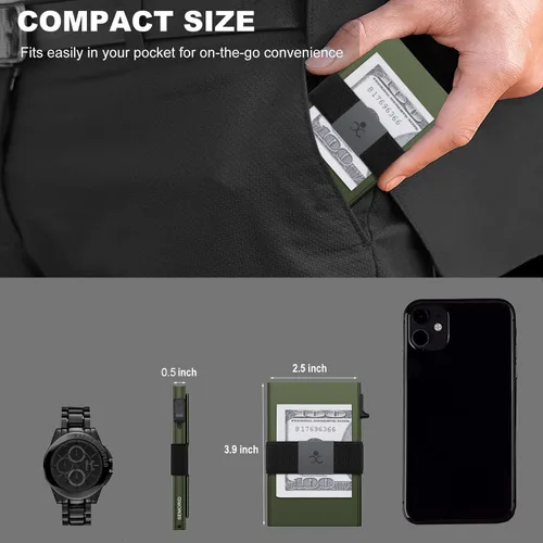 Miniatura 70 de Cartera delgada de aluminio para hombre, placa trasera expandible duradera, bloqueo RFID, billetera desplegable de metal minimalista, con capacidad