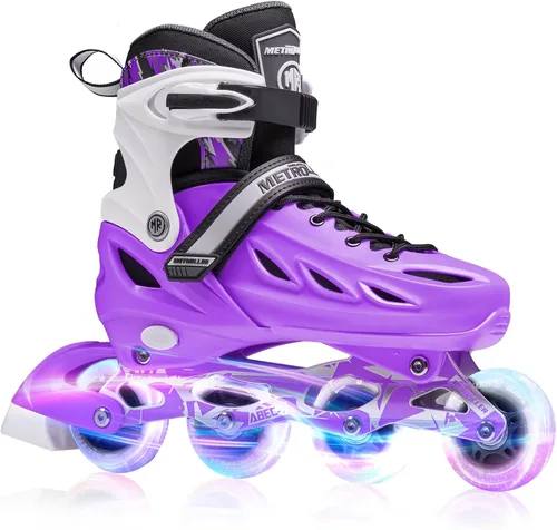 METROLLER Patines en línea para niñas y niños, mujeres, hombres, 4 tallas ajustables, patines en línea con ruedas que se iluminan, patines Púrpura
