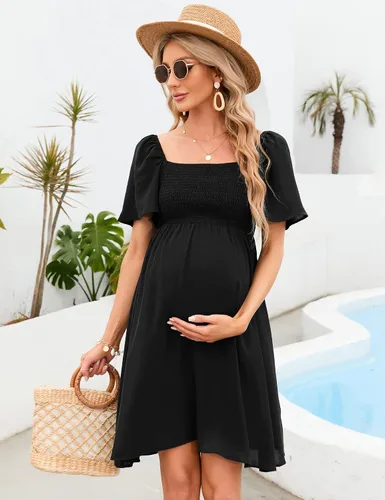 Miniatura 4 de KOJOOIN Vestido de maternidad de verano para mujer, lazo en la espalda, cuello cuadrado, manga abombada, hombros descubiertos, vestido de baby shower