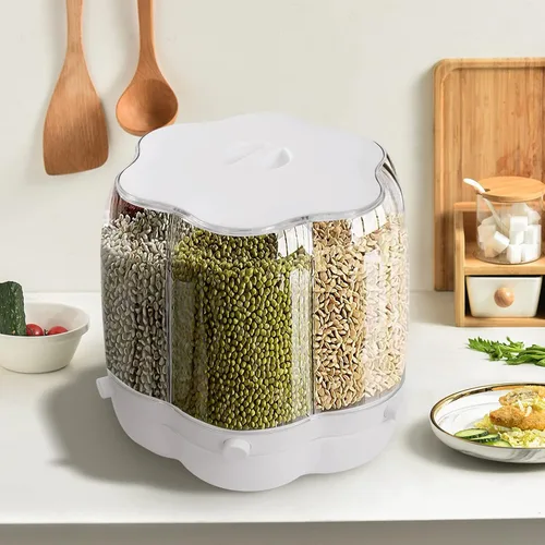 Miniatura 3 de Dispensador de arroz giratorio grande con 6 rejillas de almacenamiento de cereales, cubo de arroz blanco, contenedor de arroz integral con tapa
