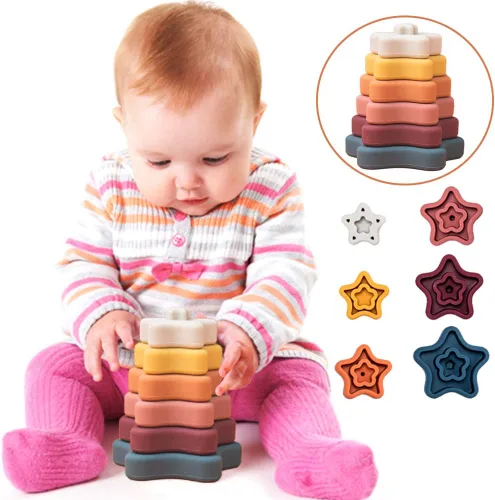 Miniatura 2 de Anillos apilables de silicona con forma de estrella, bloques de apilador suave para bebés, juguetes sensoriales de desarrollo, estrella retro