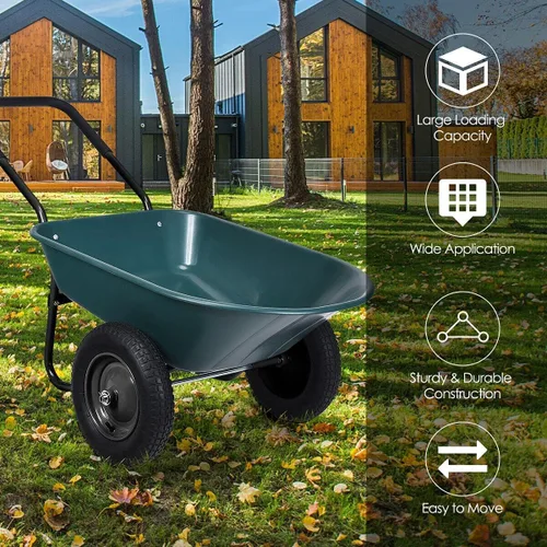 Miniatura 2 de Carretilla de jardín de 2 ruedas, carrito de jardín resistente, fácil carga y descarga para césped al aire libre, patio, granja, rancho, verde