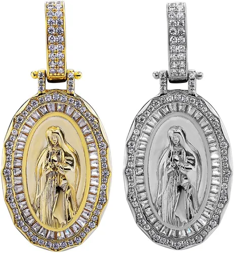 Harlembling Plata de ley 925 maciza acabado de plata natural o oro de 14 quilates colgante de Virgen María para hombres o mujeres medallón de