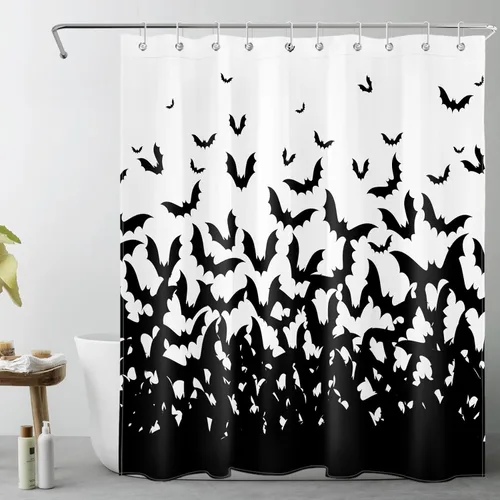 LB Cortina de ducha espeluznante de murciélago de Halloween para baño, cortina de ducha de tela blanca y negra con ganchos, divertido juego de