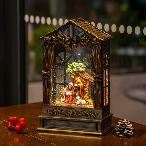 Miniatura 8 de Globo de nieve navideño iluminado con pesebre y escena del nacimiento, musical de la Sagrada Familia, agua y cuna con música silenciosa de la noche