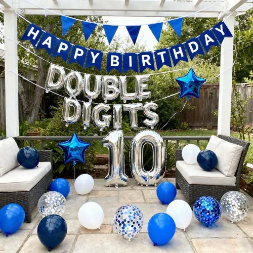 Miniatura 12 de Decoraciones de cumpleaños número 10 para niños, decoración negra de papel de aluminio de doble dígito, pancarta negra número 10 con globos