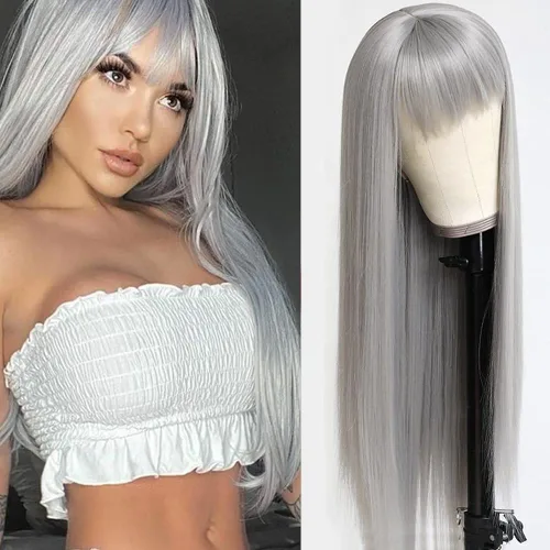 Miniatura 17 de QD-Tizer Pelucas sintéticas de color rubio ceniza con flequillo, pelucas de cabello largo y lacio, sin pegamento, pelucas sintéticas sin encaje