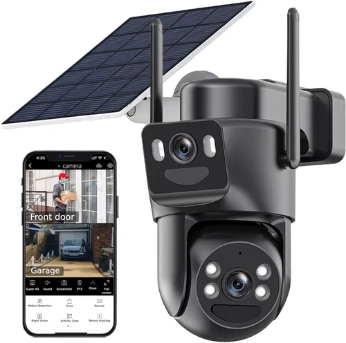 Cámaras de seguridad solar de doble lente inalámbricas para exteriores, WiFi 6 G/2.4G, visión de 360°, panorámica/inclinación, cámara de seguridad