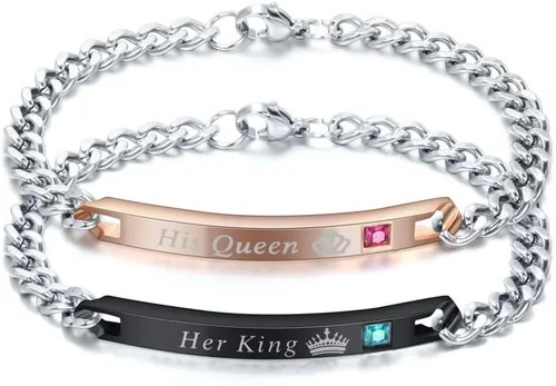 MYNENEY Regalo para amante, su reina y su rey, pulseras de acero inoxidable para parejas, para mujeres y hombres, juego de joyas a juego