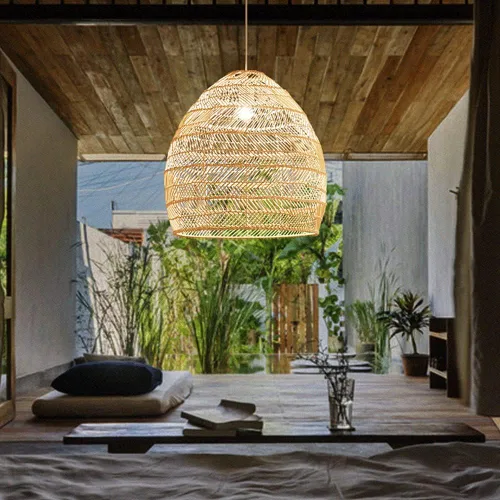 Miniatura 2 de Iluminación colgante de ratán y metal, lámpara colgante pastoral de techo hueco, luz tejida a mano de mimbre con pantalla de jaula de pájaros