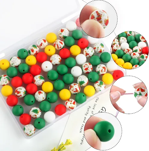 Miniatura 6 de Sunrony 70 cuentas de silicona para hacer collares, cuentas redondas de silicona a granel de 0.591 in para bolígrafos (impresión navideña)