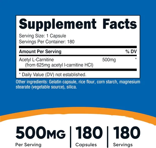 Miniatura 2 de Nutricost Acetil L-carnitina 500 mg, 180 cápsulas - Sin OMG y sin gluten (2 botellas)