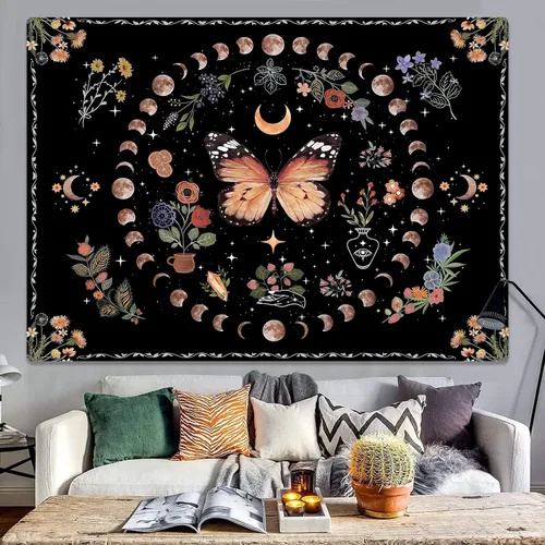 Miniatura 47 de Fowocu Tapiz bohemio con mandala floral para colgar en la pared, medallón de flores bohemias, tapiz estético, beige, naranja, hippie, indio, pequeño