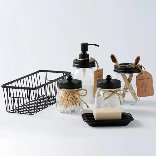 Miniatura 4 de SheeChung Portacepillos de dientes con tarro de masón, accesorios de baño, artículos esenciales de baño, organizadores y almacenamiento de baño