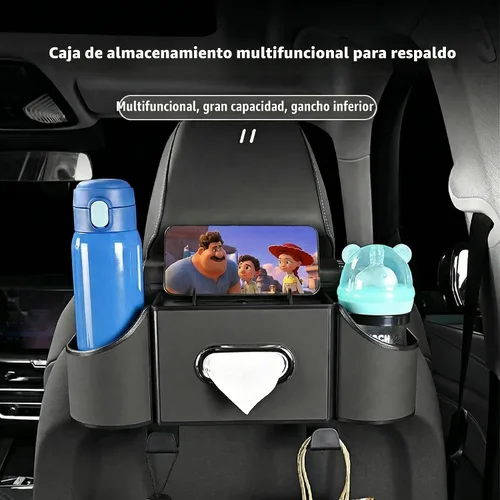 Miniatura 2 de Organizador de asiento trasero de automóvil, organizador de automóvil 4 en 1, asiento trasero con portavasos y caja de pañuelos, organizador de Negro