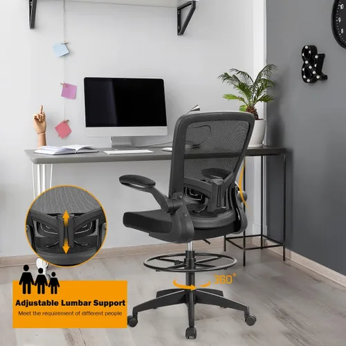 Miniatura 5 de Giantex Silla de dibujo, sillas de oficina con respaldo alto, con reposapiés, reposabrazos abatible, altura ajustable, silla de escritorio Negro