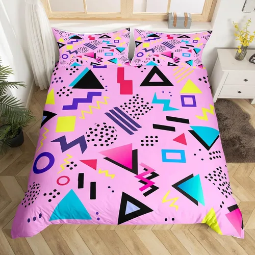 Miniatura 34 de Juego de funda de edredón retro de los años 80 y 90 para hombres y niños, tamaño matrimonial, con formas geométricas redondas triangulares, funda