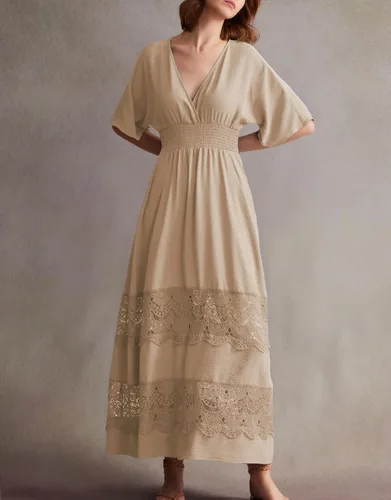 Miniatura 84 de Vestido largo de encaje para mujer de manga corta y cuello en V, vestido de fiesta estilo bohemio con cintura fruncida, vestido bohemio para mujer