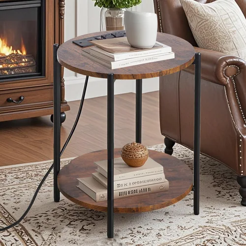 Miniatura 6 de Gawicpy - Mesa auxiliar de 2 niveles redonda, mesa de café plegable, mesa de sofá simplificada, mesa de acento para interiores y exteriores
