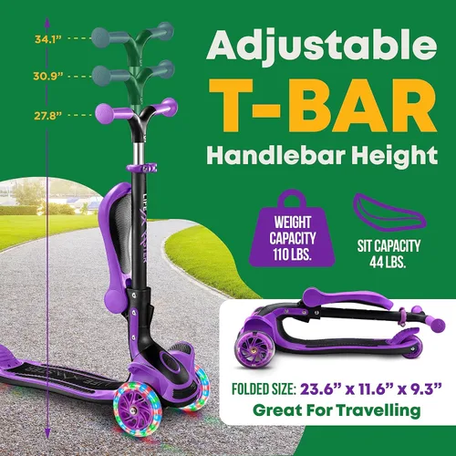 Miniatura 2 de Scooter de 3 ruedas para niños con asiento plegable, altura ajustable del manubrio, juguete de paseo inclinado para conducir para niños a partir