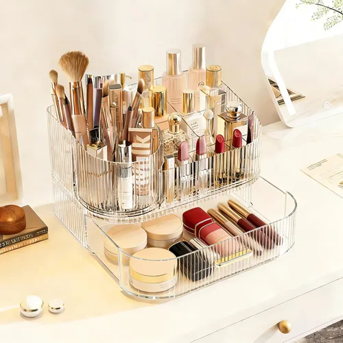 Miniatura 3 de Organizador de maquillaje con soporte para brochas giratorio de 360° y cajones apilables, estuche de exhibición de cosméticos para tocador, encimera