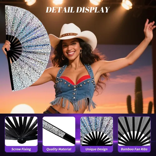 Miniatura 3 de Abanico de mano grande de 13 pulgadas con luz UV para baile en línea, abanico plegable para botas en el suelo, actuación, boda, fiesta - abanico