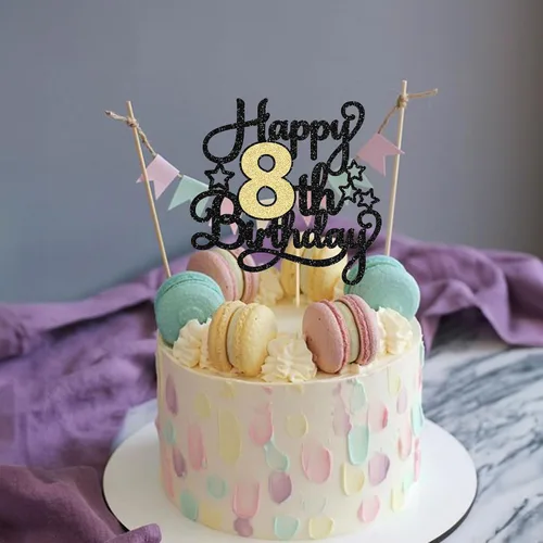 Miniatura 4 de 1 pieza de decoración de pastel de 8º cumpleaños con purpurina y saludos a 8 años, decoración de pastel de feliz cumpleaños para fiesta de 8 años